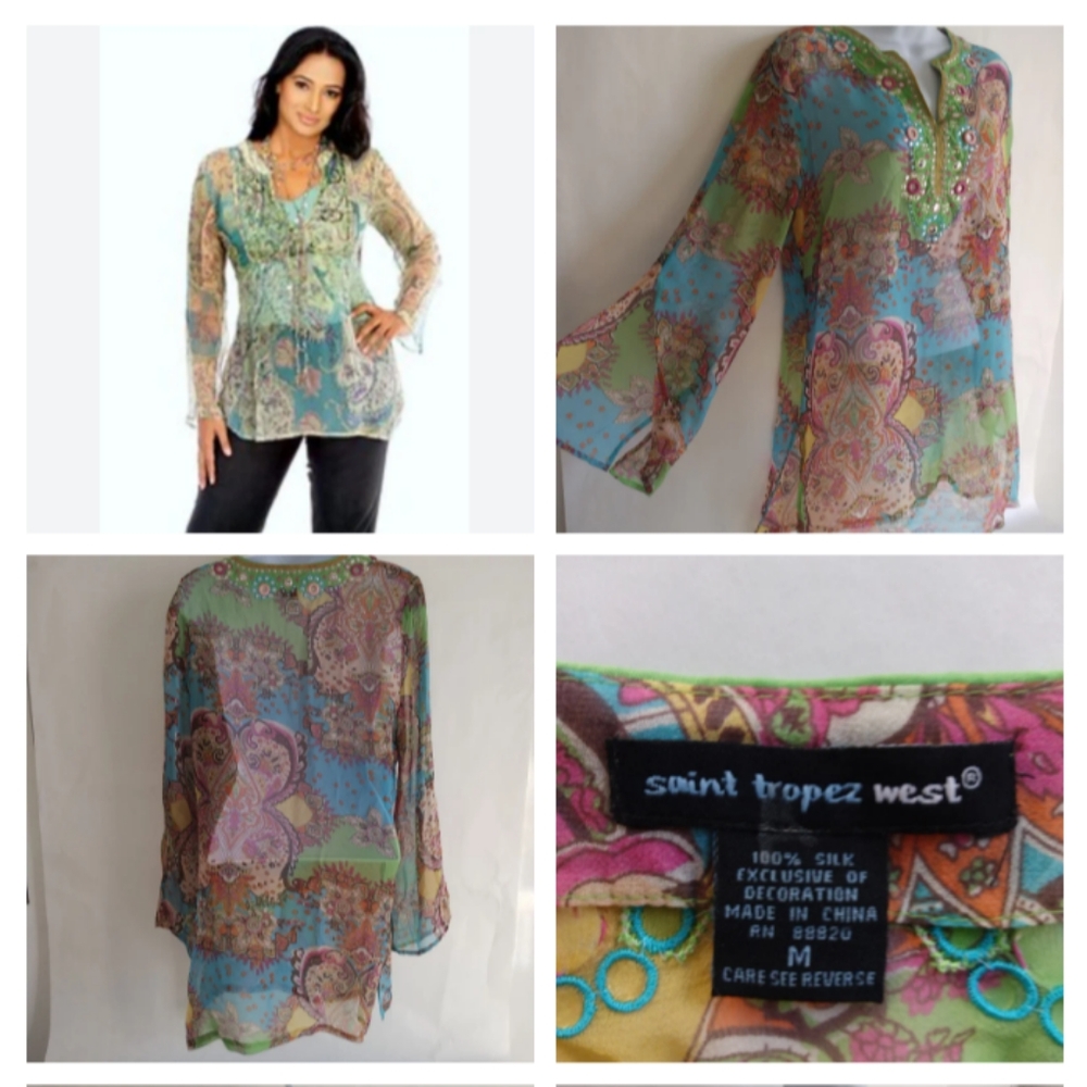 Women's Saint Tropez West Notched Tunic Top Women Green Floral Silk Beaded sheer